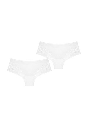 String blanc avec bordure en dentelle, fabriqué dans un tissu doux et lisse. Présente des bords festonnés et un design simple. Deux pièces incluses dans le lot.