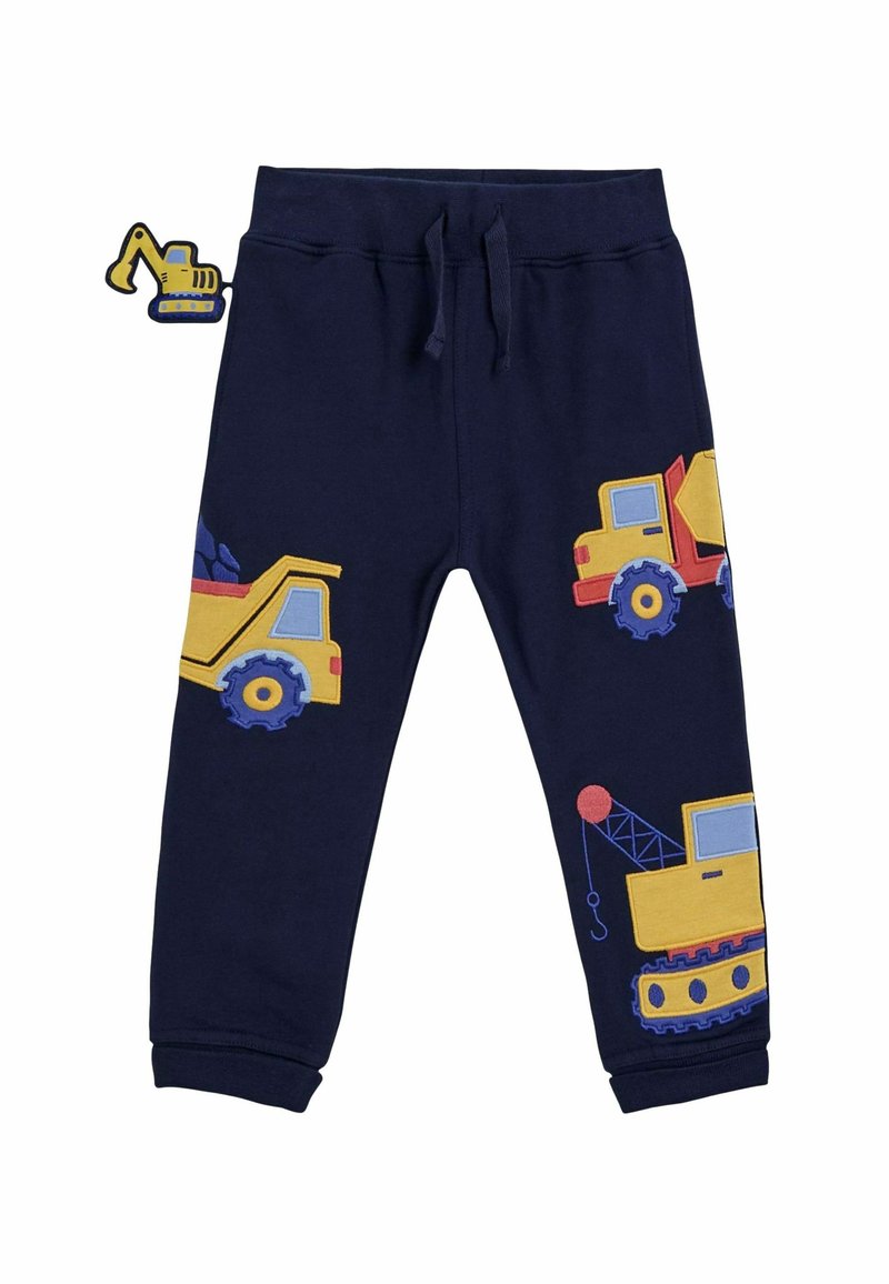 Marineblaue Baumwoll-Jogginghosen mit bunten, plüschigen Applikationen von Baustellenfahrzeugen. Elastischer Bund mit verstellbarem Kordelzug.