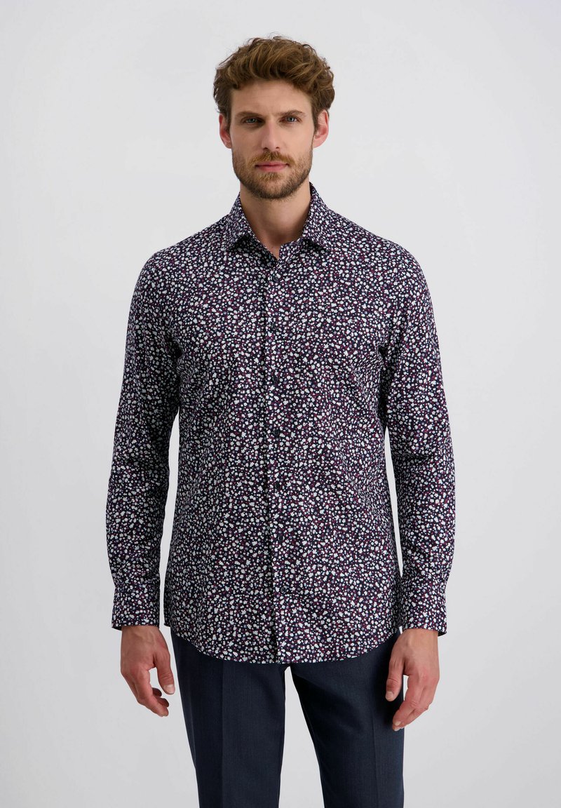 Dunkellila langärmliges Hemd mit einem kleinen weißen und rosa Blumenmuster, knöpfbare Vorderseite und klassischem Kragendesign.