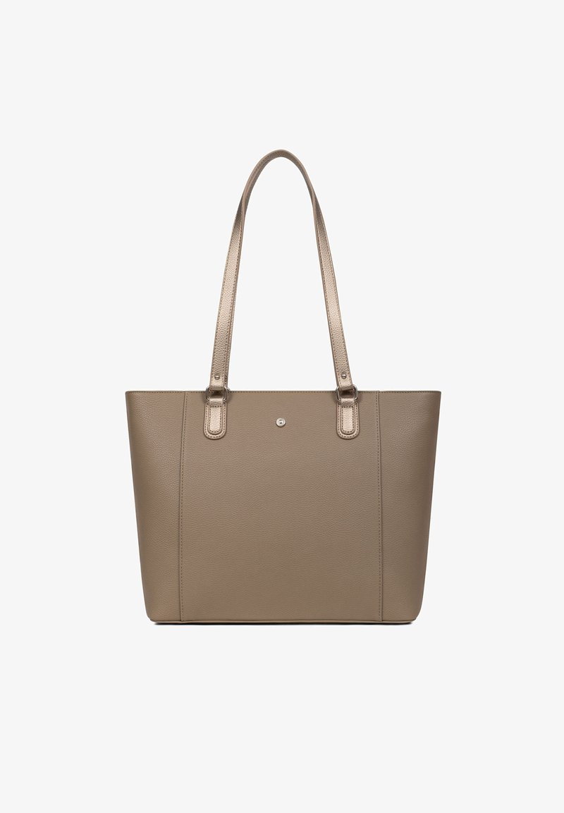 Beżowa torba typu tote wykonana z fakturowanej skóry z dwoma ramiączkami, z centralnym logo i minimalistycznym stylem.