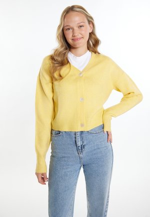 Žlutý krátký cardigan s výstřihem do V, dlouhými rukávy a čtyřmi knoflíky. V kombinaci s džínovými kalhotami světle modré barvy s vysokým pasem. Hladká textura.