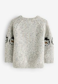 Pull en tricot gris avec une texture mouchetée et des accents à motifs noir et blanc sur les manches. Poignets et ourlet côtelés.