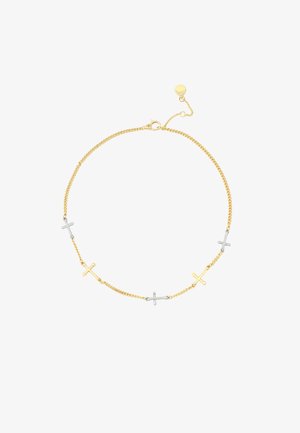 Guldkæde med vekslende gule og sølv kors charms, udstyret med en klo-lås og justerbar kædelængde.