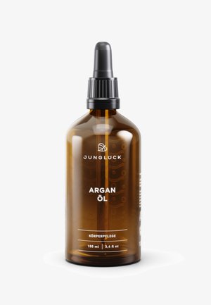 Brown glass dropper bottle with black lid, labeled "ARGAN ÖL KÖRPERPFLEGE," 100 ml capacity, featuring a minimalist design.