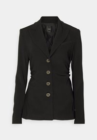 Černé sako z hladké látky s přizpůsobeným střihem, vybavené klopovým límcem, šesti zlatými knoflíky a jedinou n áprsní kapsou.