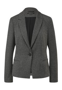 Blazer femme à bouton unique, motif pied-de-poule noir et gris, col à revers crantés et poches passepoilées devant, taille 36.