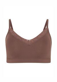 Brun bralette med spetskant längs halsringningen, justerbara band och en slät tygfinish, med en v-formad skärning och utan bygel.