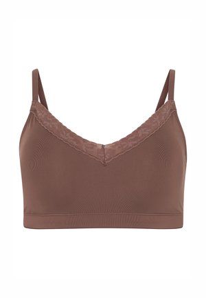 Brązowy biustonosz braletka z koronkowym wykończeniem przy dekolcie, regulowanymi ramiączkami i gładkim wykończeniem materiału, z dekoltem w kształcie litery V i bez fiszbin.