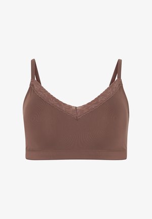 Brązowy biustonosz braletka z koronkowym wykończeniem przy dekolcie, regulowanymi ramiączkami i gładkim wykończeniem materiału, z dekoltem w kształcie litery V i bez fiszbin.