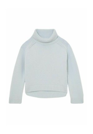 Jasnoniebieski dzianinowy sweter z golfem i prążkowanymi wykończeniami, o luźnym kroju i raglanowych rękawach, wykonany z miękkiego materiału o fakturowanym wykończeniu.