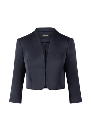 Navy cropped blazer with a smooth texture, notched lapels, and three-quarter sleeves. Simple design with no visible fastenings or embellishments.