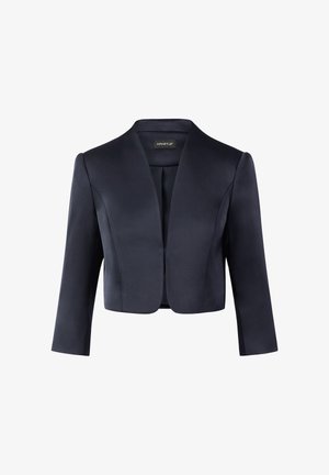 Marineblaues, kurz geschnittenes Blazerjackett mit samtiger Textur, Reverskragen und Dreiviertelärmeln. Schlichtes Design ohne sichtbare Verschlüsse oder Verzierungen.