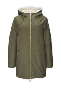 Veste vert olive avec fermeture éclair à l'avant, capuche et doublure en peluche. Comprend deux poches avant et des cordons de serrage jaune-vert contrastants.