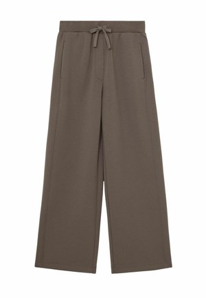 Pantaloni a gamba larga color taupe realizzati in tessuto morbido. Presentano una cintura elastica con coulisse e tasche laterali. Tessuto liscio senza motivi.