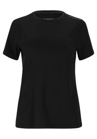 Black short-sleeve T-shirt made of smooth fabric, featuring a classic round neck and subtle shoulder accents with logo detailing.