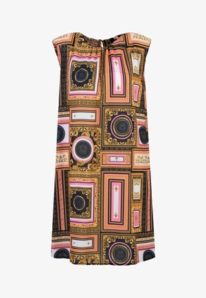 Kurzärmeliges Kleid mit einem geometrischen Muster in Schwarz, Gold und Pink, das ornate Rahmen und kreisförmige Motive zeigt. Leichter Stoff.