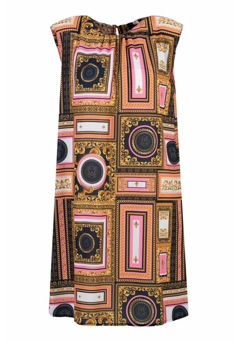 Kurzärmeliges Kleid mit einem geometrischen Muster in Schwarz, Gold und Pink, das ornate Rahmen und kreisförmige Motive zeigt. Leichter Stoff.