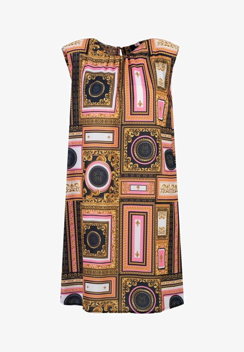Kurzärmeliges Kleid mit einem geometrischen Muster in Schwarz, Gold und Pink, das ornate Rahmen und kreisförmige Motive zeigt. Leichter Stoff.