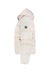 Dik, wit jasje met een capuchon, voorzien van een ronde logo op de linkermouw en zijzakken met rits. Gemaakt van glanzend, gewatteerd materiaal.