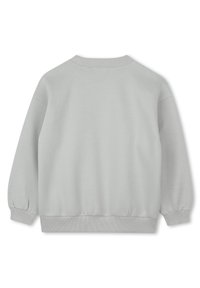 Sweat-shirt gris clair avec un col rond et des poignets et un ourlet élastiqués, vu de dos.
