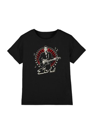 Black T-shirt with graphic of a man playing electric guitar, surrounded by stars and musical notes, with "Elvis" text below.