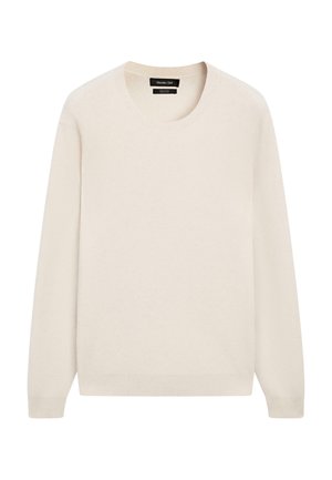 Light cream sweater made of soft material. Features a round neck, long sleeves, and ribbed cuffs and hem. Minimalist design with no patterns.