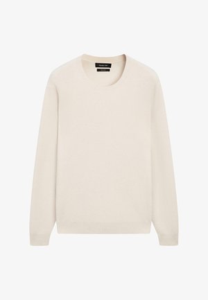 Light cream sweater made of soft material. Features a round neck, long sleeves, and ribbed cuffs and hem. Minimalist design with no patterns.