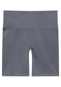 Shorts de cyclisme en gris taille haute sans coutures avec une large ceinture, conçus pour le confort et un ajustement extensible.