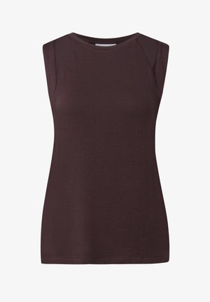 Mouwloos topje in donker bordeaux, gemaakt van zachte stof met een gladde textuur. Beschikt over raglan schoudernaden en een ronde halslijn.
