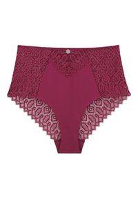 Culotte en dentelle bordeaux taille haute avec un design géométrique en dentelle, présentant des bords scallopés et un petit bouton décoratif à l'avant.