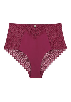 Culotte en dentelle bordeaux taille haute avec un design géométrique en dentelle, présentant des bords scallopés et un petit bouton décoratif à l'avant.