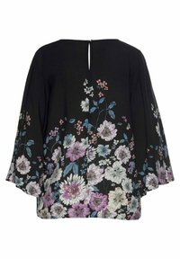 Schwarze Bluse mit floralem Druck in Weiß, Blau und Lila. Hat ausgestellte Ärmel und ein Schlüsselrücken-Detail, aus leichtem Stoff gefertigt.