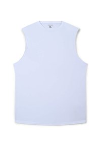 Top senza maniche blu chiaro in un tessuto morbido ed elastico. Presenta un collo rotondo e una vestibilità rilassata, etichettato come taglia XL.