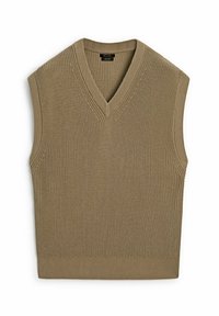 Sleeveless knitted sweater vest in taupe color with a V-neck and ribbed edges, laid flat.