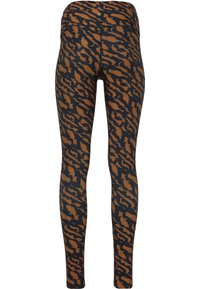 Enganliegende Leggings mit einem braun-schwarzen Leopardenmuster, gefertigt aus dehnbarem Stoff mit glatter Textur.