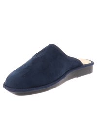 Scarpa slip-on blu navy realizzata in morbido tessuto con una superficie liscia e una suola nera flessibile. Presenta una forma arrotondata e un dettaglio del logo discreto.