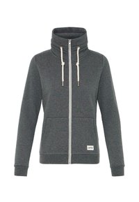 Grijze zip-up hoodie met een hoge kraag, trekkoorden, voorzakken en geribde manchetten. Zachte textuur en casual ontwerp. Merklabel zichtbaar.