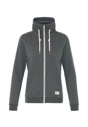 Sivá mikina na zips s vysokým golierom, šnúrkami, prednými vreckami a ribbed manžetami. Mäkká textúra a ležérny dizajn. Viditeľná značka.