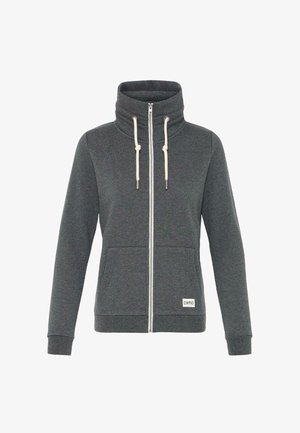 Grå zip-up hoodie med hög krage, dragsko, framfickor och ribbade manschetter. Mjuk textur och avslappnad design. Varumärkesetikett synlig.