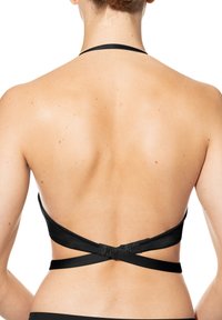 Haut de bikini noir style halter avec des bretelles réglables croisées au dos. Tissu lisse avec un design minimaliste et sans matériel visible.