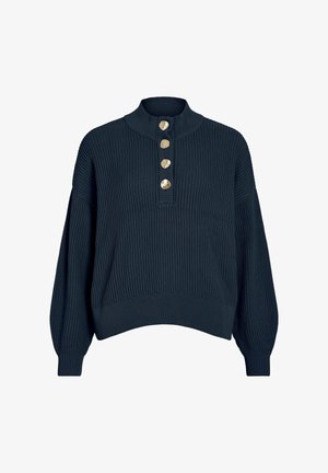 Suéter de punto azul marino con cuello alto, con cinco botones en tono dorado en la parte delantera y mangas ligeramente abullonadas. Tejido acanalado texturizado.