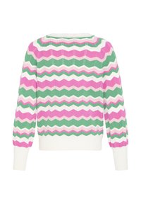 Pull multicolore présentant un motif en zigzag rose, vert et blanc. Texture en maille avec des manches bouffantes et un ourlet côtelé.