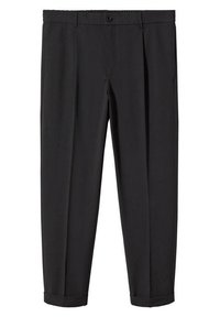 Černé kalhoty na míru s poutky na pásek, předním knoflíkem a zipem, sklady, bočními kapsami a manžetami.