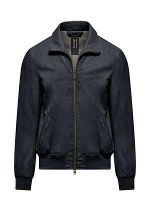 Giacca bomber navy realizzata in tessuto liscio, con zip frontale, colletto rialzato e tasche laterali, rifinita con polsini e orlo a coste.
