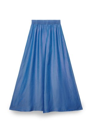 Gonna blu alla caviglia con vita elastica, sagoma fluida a linea ad A e tessuto leggero e liscio.