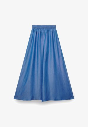 Gonna blu alla caviglia con vita elastica, sagoma fluida a linea ad A e tessuto leggero e liscio.