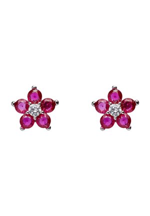 Paire de boucles d'oreilles argentées en forme de fleur, chacune avec cinq pierres précieuses rondes roses et une pierre précieuse centrale claire sur fond blanc.