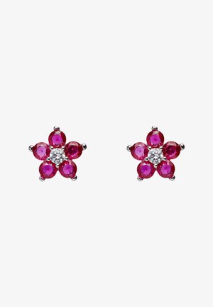 Paire de boucles d'oreilles argentées en forme de fleur, chacune avec cinq pierres précieuses rondes roses et une pierre précieuse centrale claire sur fond blanc.