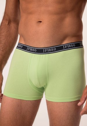 Boxers pour hommes de couleur vert clair avec une ceinture noire sur laquelle est inscrit "JP1880" en lettres blanches. Tissu lisse, design ajusté et taille mi-haute.