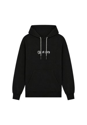 Sudadera negra con cordones a rayas blancas y negras y texto blanco "City of SLVN" centrado en el pecho, con un bolsillo canguro delantero.